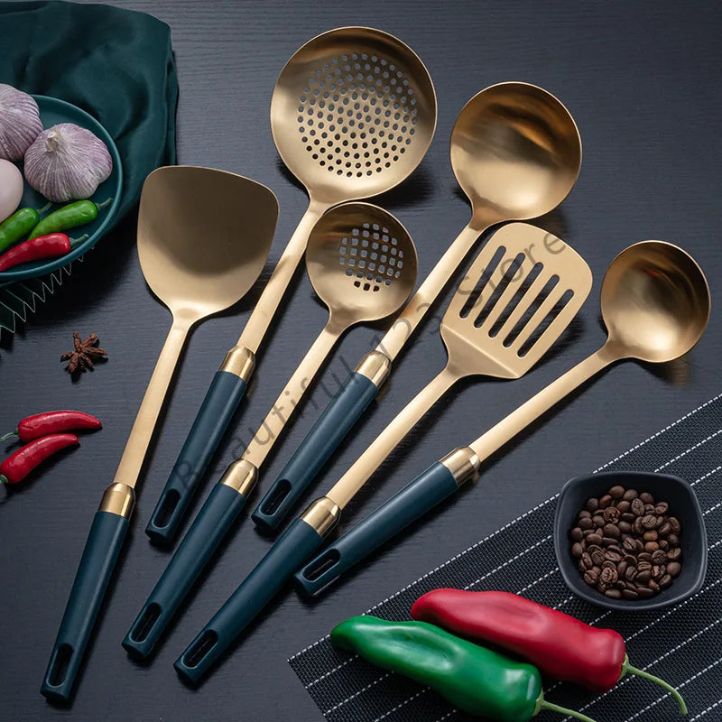 New Stainless Steel Kitchenware Set Emerald Gold-plated Pot Shovel Spoon Cooking Utensils Light and Extravagant Cooking Utensils